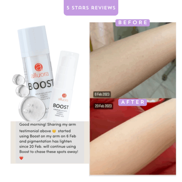 Serum-infused skincare product by Alluora with vitamin C and pearl extract for skin brightening and pigmentation reduction.