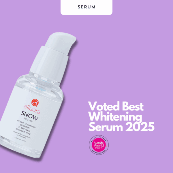 Voted best whitening serum 2025, Alluora Snow Vitamin C serum for brightening and clear skin, skincare for radiant complexion.
