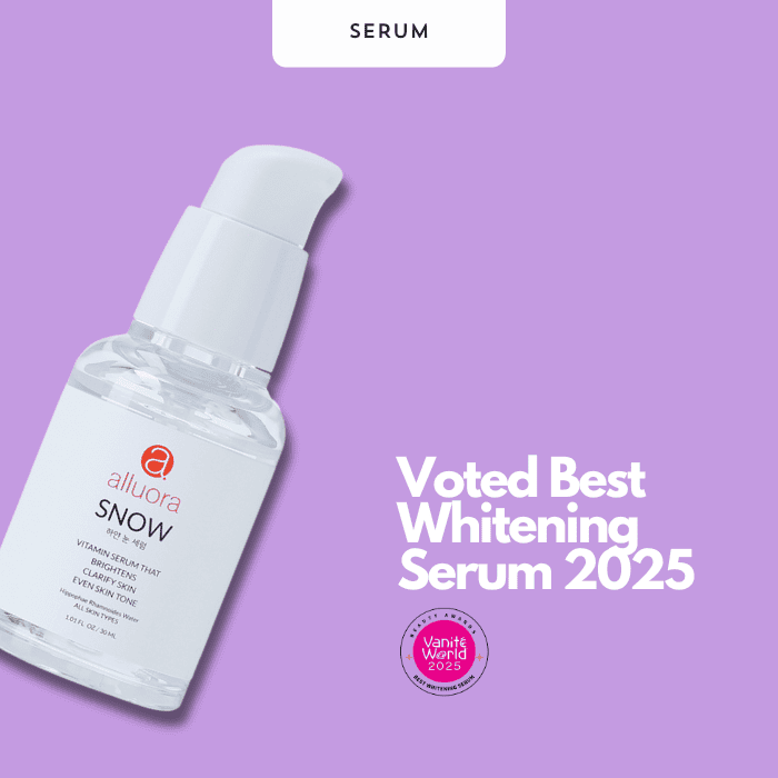 Voted best whitening serum 2025, Alluora Snow Vitamin C serum for brightening and clear skin, skincare for radiant complexion.