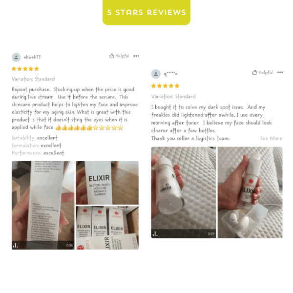 Elixir skincare product for glowing, hydrated skin, highly rated for effectiveness and quality.