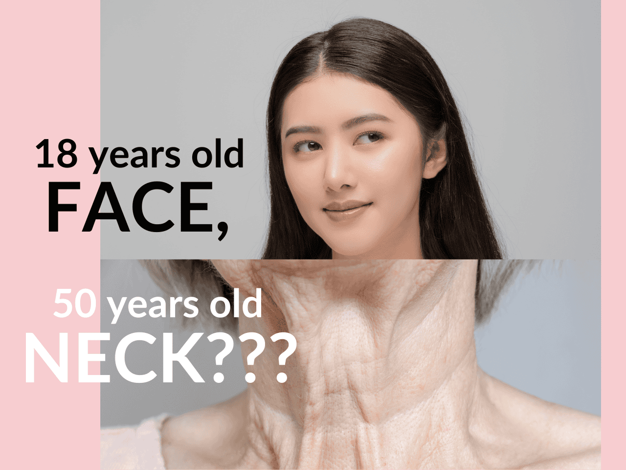 Young woman with smooth youthful face and aging neck comparison in split image.
