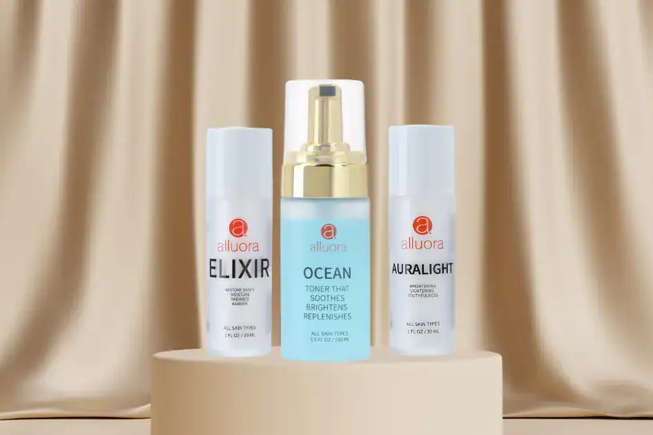 Alluora skincare products with hydrating and brightening benefits on display.