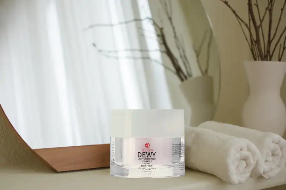 Moisturizer jar with Alluora Dewy Hydrating formula on a vanity.