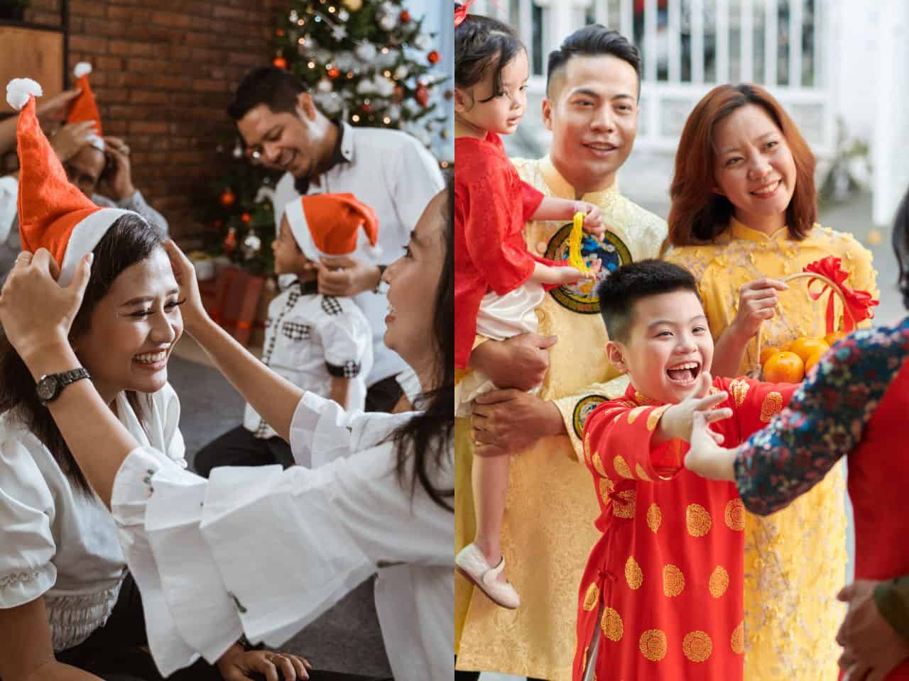 Family celebrating Christmas with children and relatives, festive holiday party, joyful holiday spirit, alluora holiday celebration, cheerful family gathering.