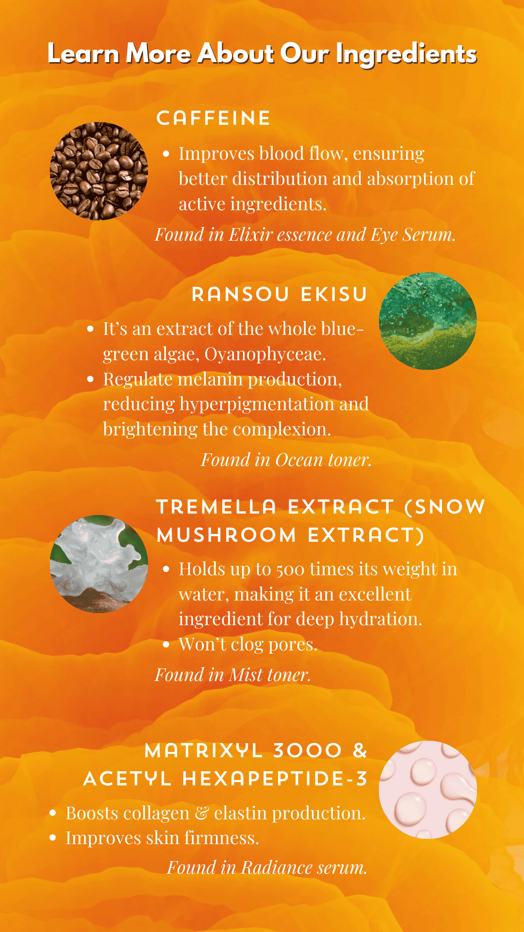 Caffeine-rich active ingredients for skincare and eye serum benefits, improves blood flow.