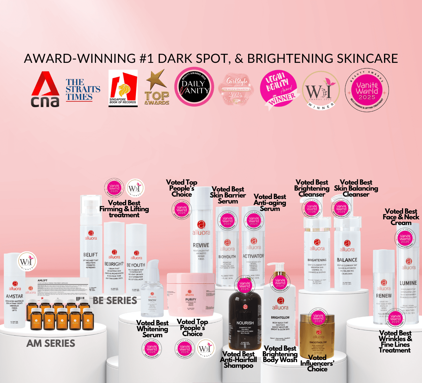 Vegan Beauty Award-winning skincare products by Alluora for brightening, anti-aging, and firming.