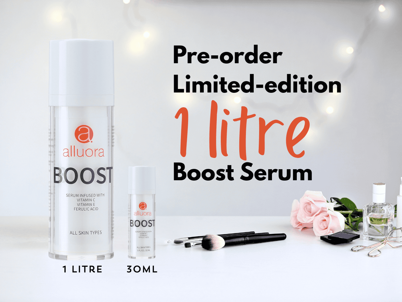Bright white serum bottles labeled Alluora Boost, skincare products for radiant skin.
