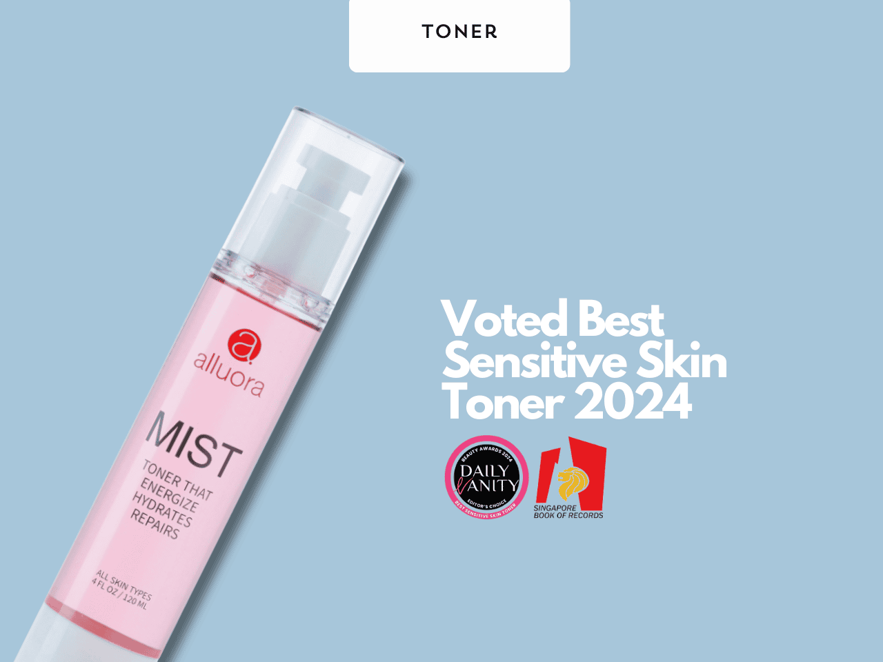 Voted best sensitive skin toner 2024 by Alluora, hydrating, energizing, and repairing for all skin types.