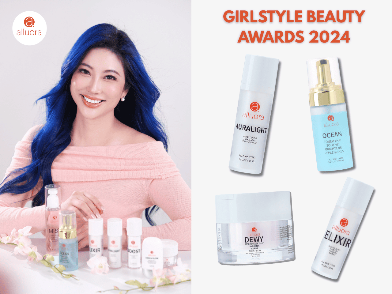 Vibrant woman with blue hair showcasing skincare products at Alluora.