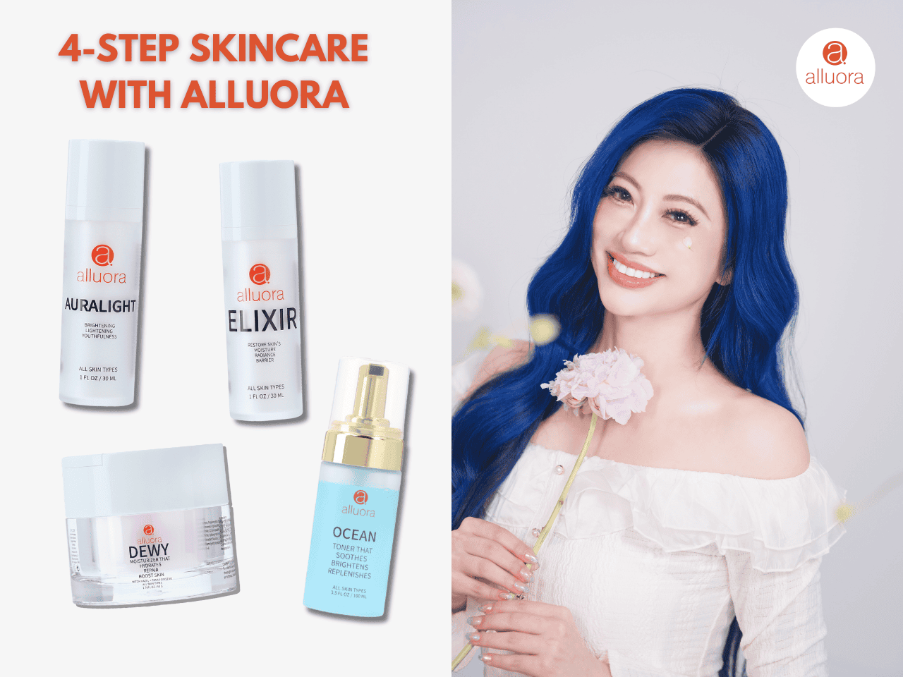 Vibrant woman with bright blue hair holding a pink flower, promoting Alluora skincare products.