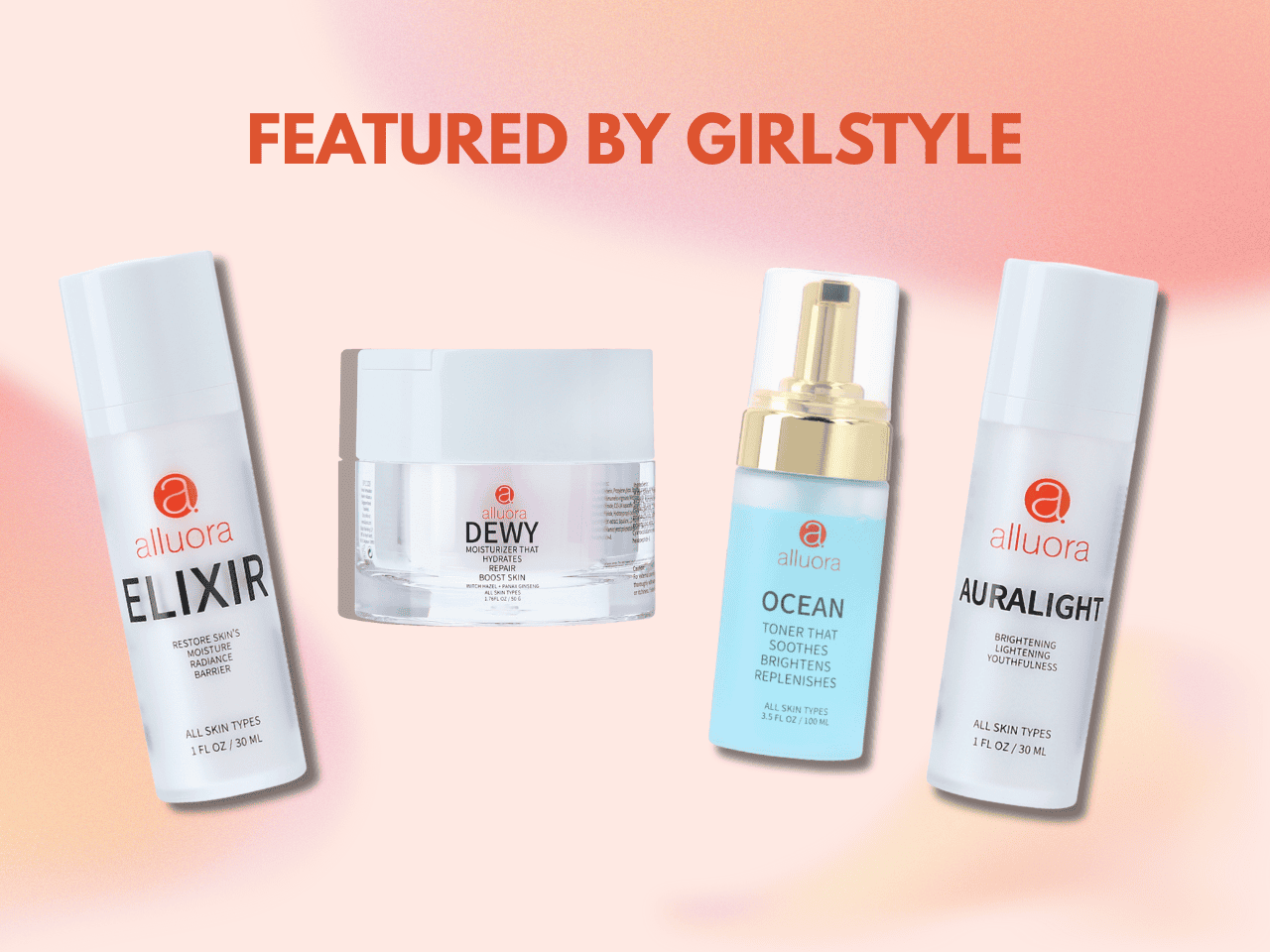 Alluora skincare products displayed on a pastel pink background, featuring hydrating, brightening, and revitalizing skincare solutions.