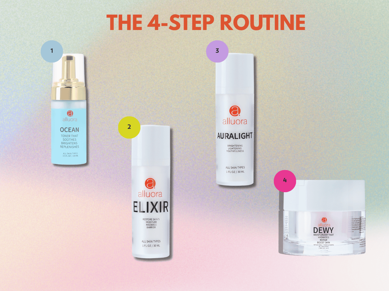 Hydrating skincare routine with Alluora skincare products, including toner, moisturizer, serum, and cream.