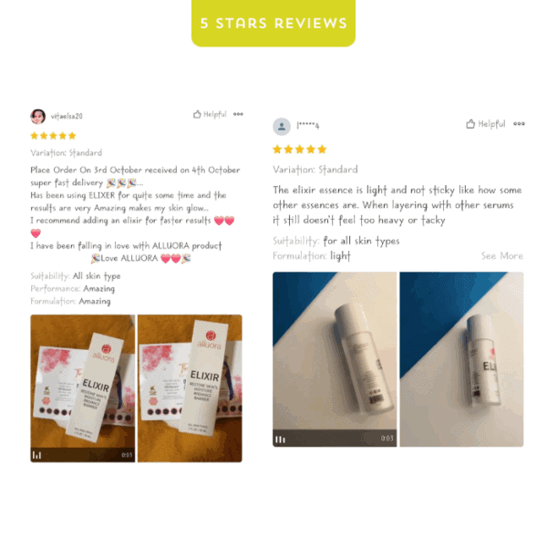 Alluora skincare elixir for glowing, hydrated skin, suitable for all skin types, light consistency, enhances skin appearance.