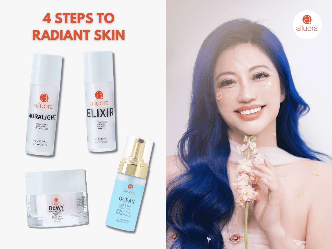 Vibrant woman with blue hair holding flowers for radiant skin, Alluora skincare products in background.