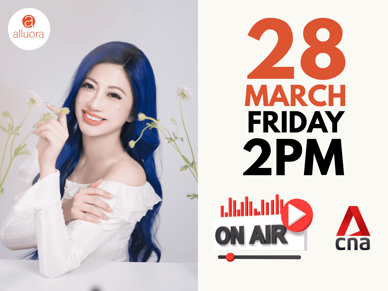 Allura woman with blue hair holding flowers, bright smile, promotional event for Alluora podcast, broadcasting on CNA March 28.