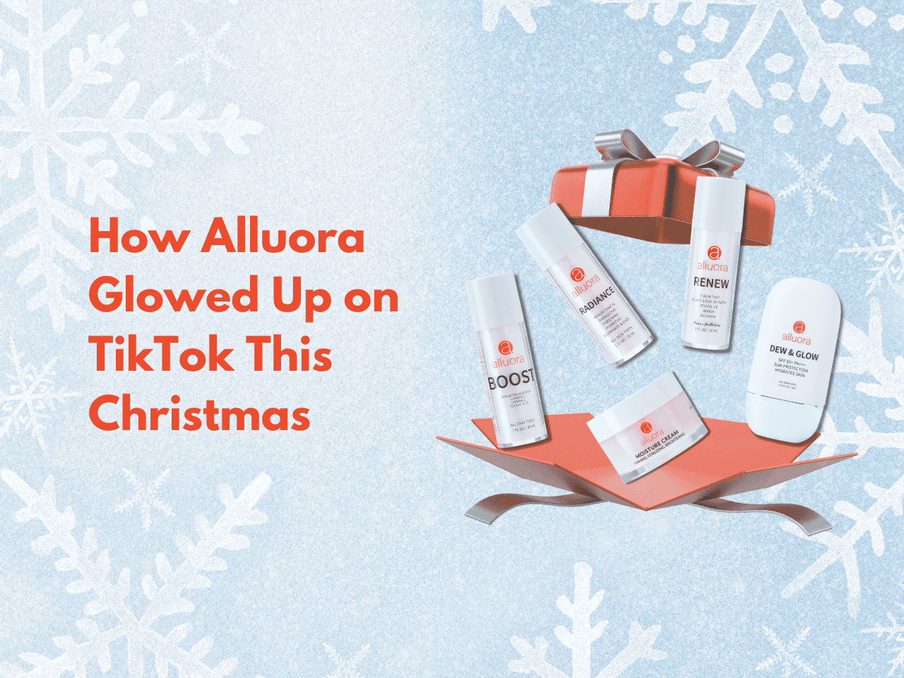 Vibrant skincare products from Alluora displayed with a gift box on a festive snowy background.