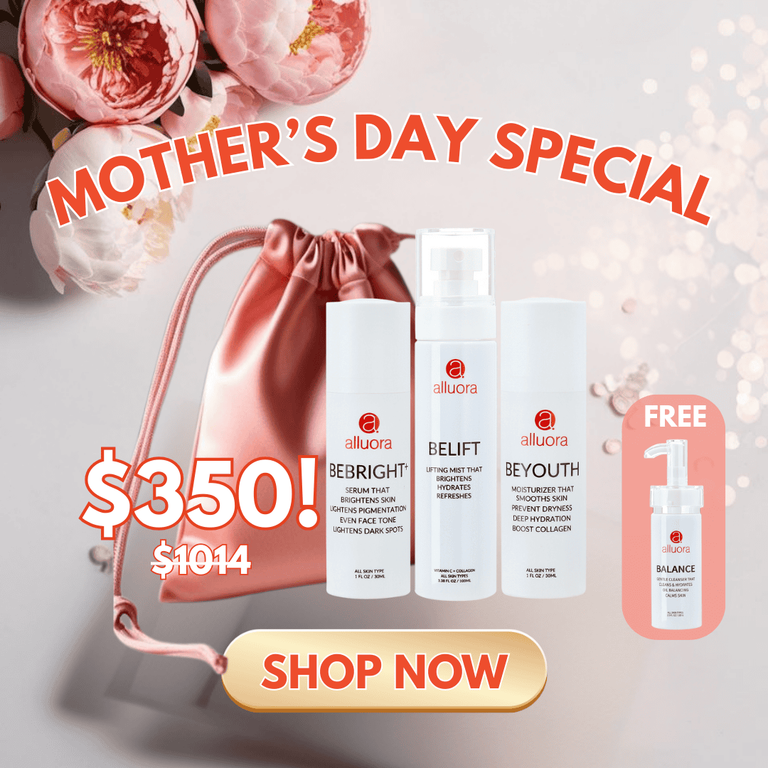Brightening skincare gift set for Mother's Day with Alluora, includes serum, mist, moisturizer, and free balancing facial spray.