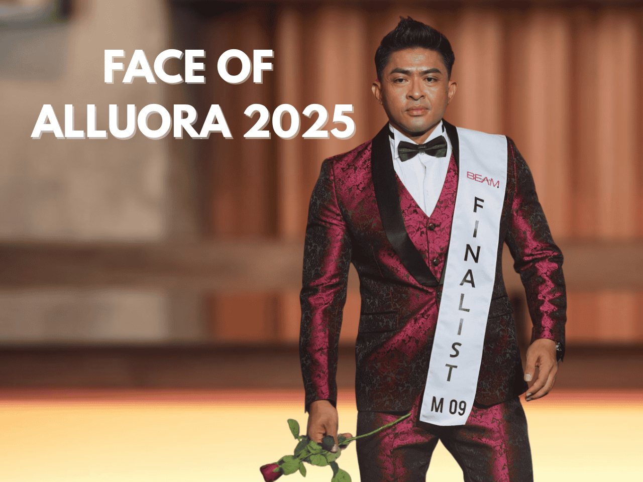 Elegant man in burgundy and black tuxedo with 