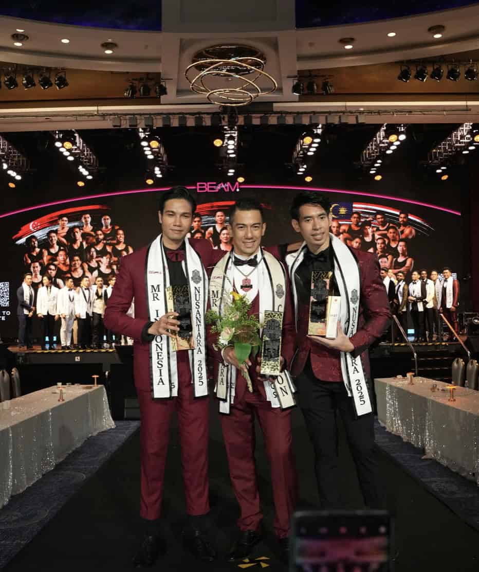 Award-winning men’s beauty pageant winners celebrating victory on stage at the Alluora event.