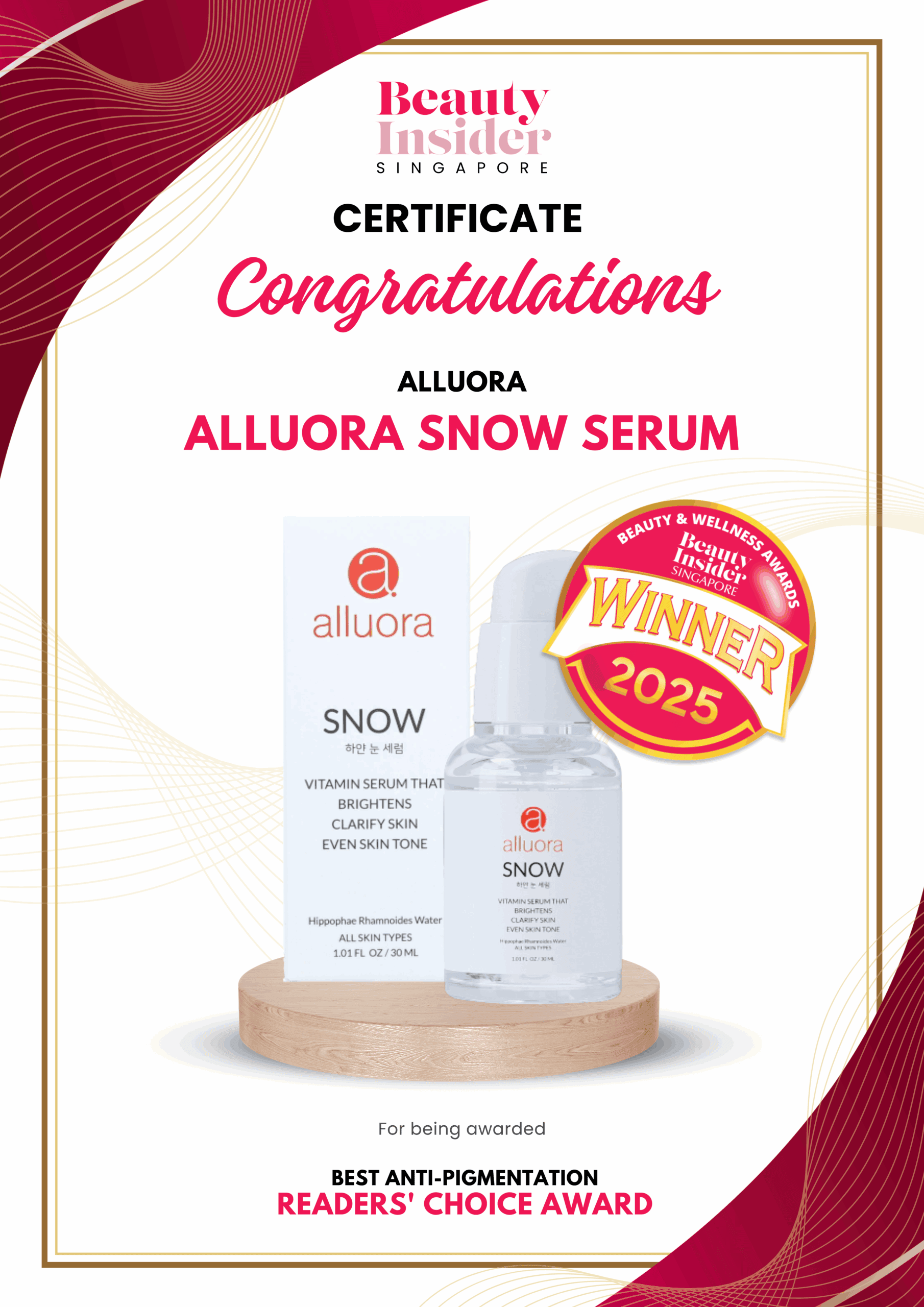 Vegan skincare Alluora Snow Serum awarded at Beauty Insider Singapore.