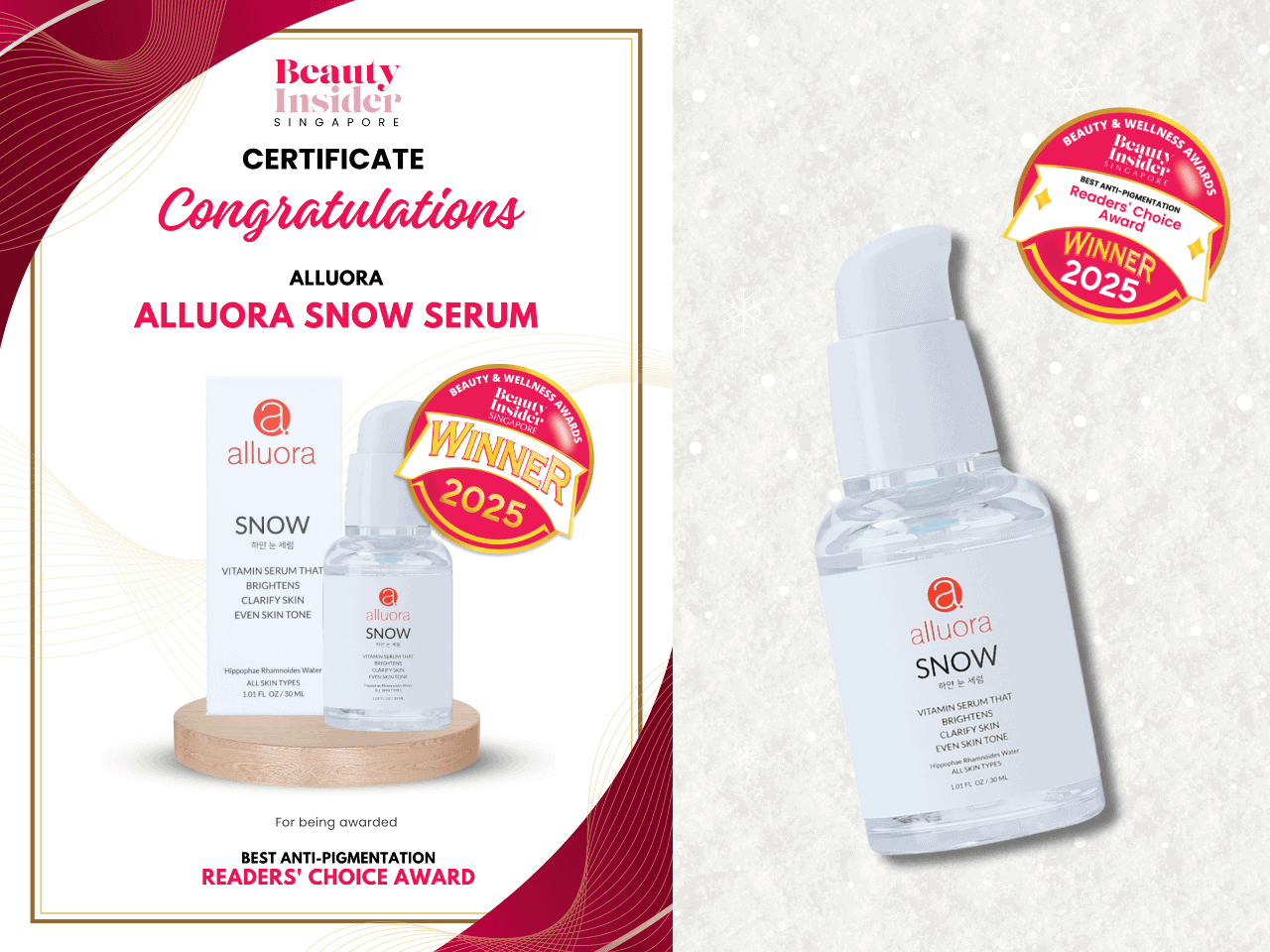 Allura snow serum image, allura brightening skincare with snow serum, Alluora Snow Serum awarded for skin brightening and even skin tone, emphasizing anti-pigmentation benefits and Korean skincare.