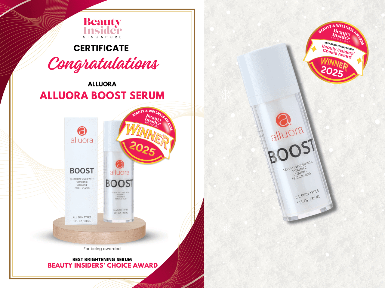 Brightening serum, award-winning alluora boost serum with vitamin C and ferulic acid, beauty awards winner 2025.