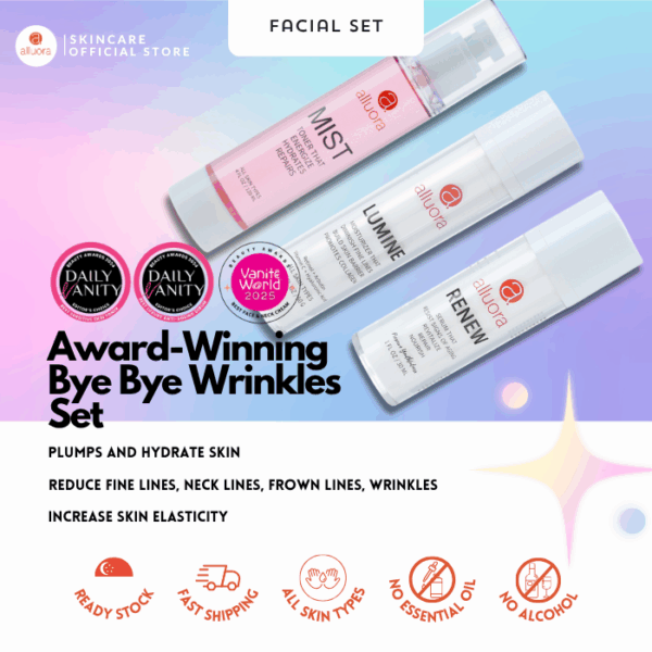 Moisturizing anti-wrinkle facial serum set by Alluora for youthful skin.