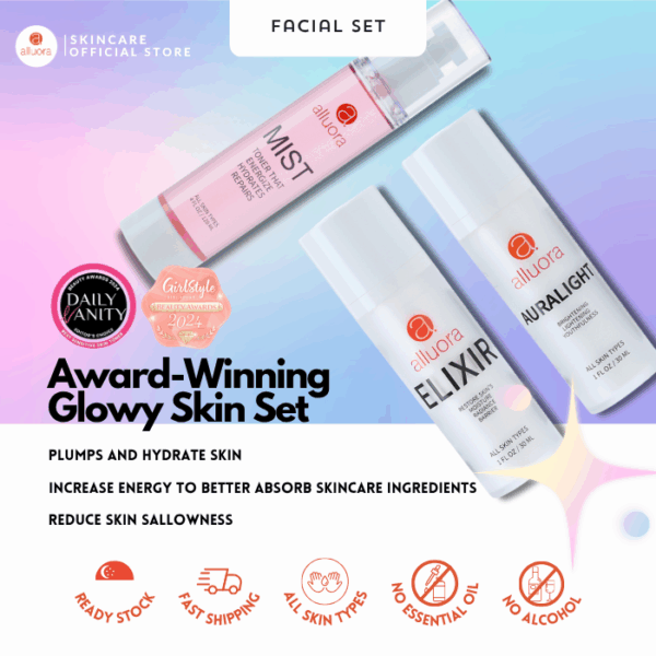 Moisturizing skincare set with glow-boosting serums for radiant skin.