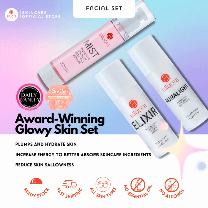 Moisturizing skincare set with glow-boosting serums for radiant skin.