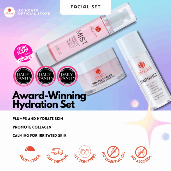 Moisture and radiance skincare set by Alluora, with hydrating serums and creams for glowing skin.