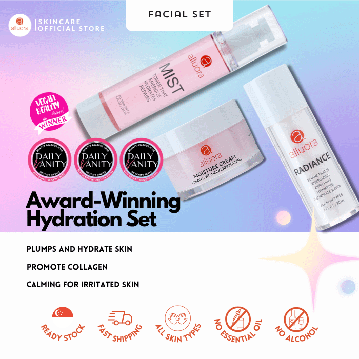 Moisture and radiance skincare set by Alluora, with hydrating serums and creams for glowing skin.