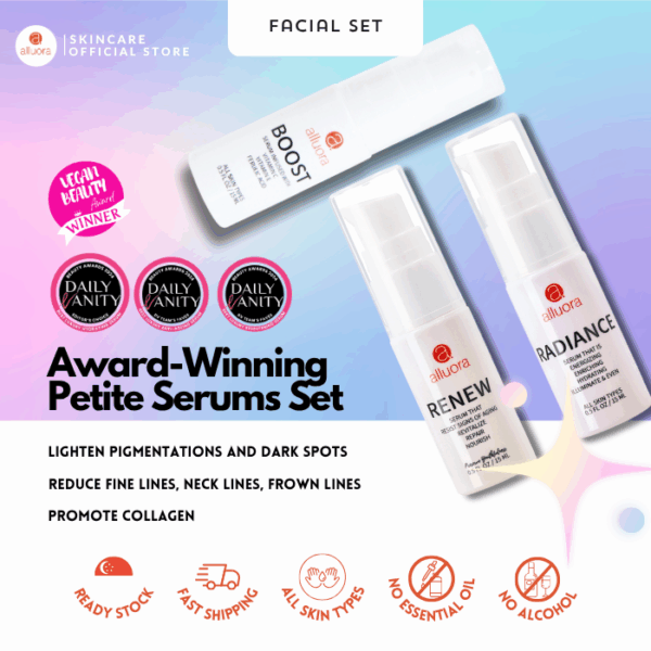 Brightening skincare set for dark spots, fine lines, and collagen boost by Alluora.