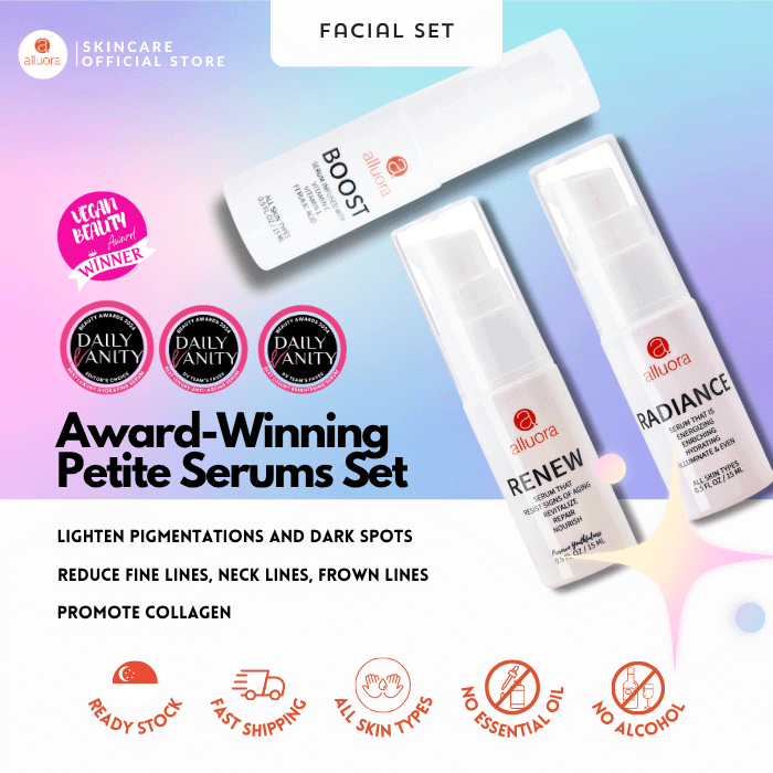 Brightening skincare set for dark spots, fine lines, and collagen boost by Alluora.