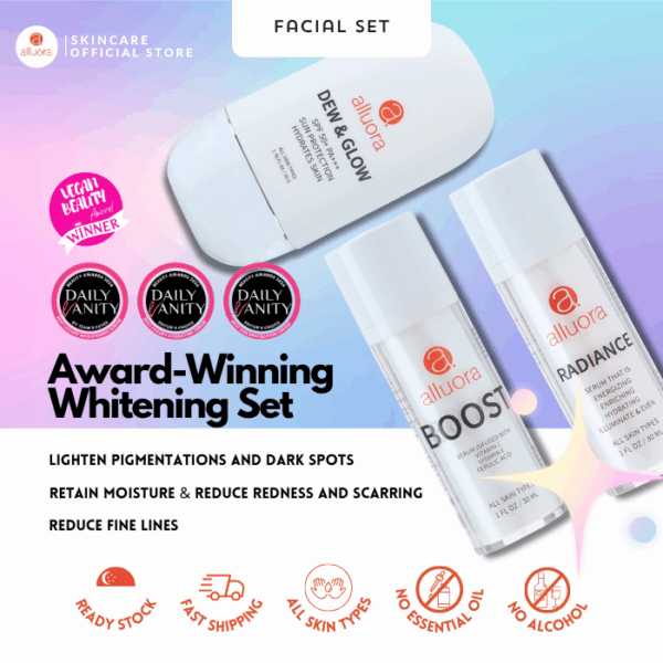 Allura award-winning whitening skincare set for brightening dark spots and reducing fine lines.