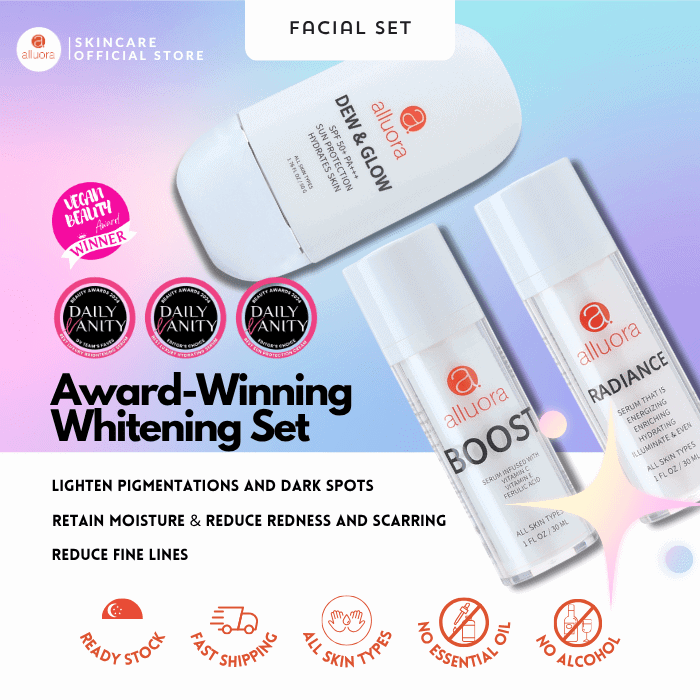 Allura award-winning whitening skincare set for brightening dark spots and reducing fine lines.