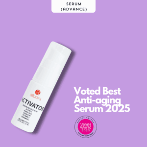 Allura anti-aging serum bottle on purple background with Vanite World award stamp.
