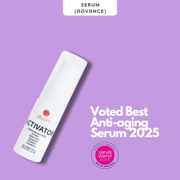 Allura anti-aging serum bottle on purple background with Vanite World award stamp.