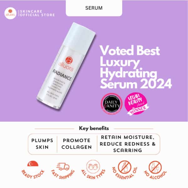 Radiance serum bottle, Alluora luxury hydrating skincare for glowing skin, award-winning vitamin C serum for all skin types.