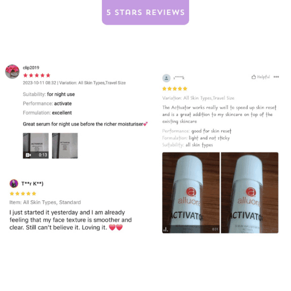 Alluora skincare activator serum for night skin reset, anti-aging, hydrating, suitable for all skin types.