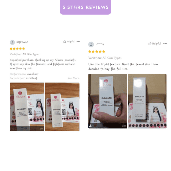 Allura skincare product packaging, biououth serum, skincare review, anti-aging, all skin types, beauty skincare.