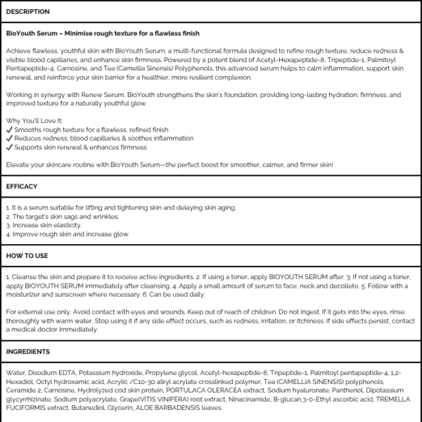 BioYouth serum for smooth, youthful skin with light texture and anti-aging benefits.