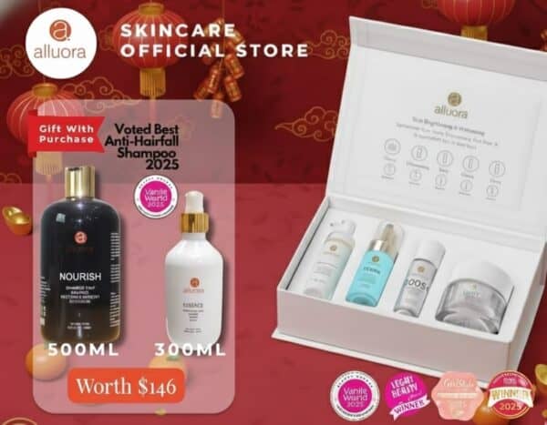 Alluora skincare gift set with shampoo, conditioner, and serum for healthy hair.
