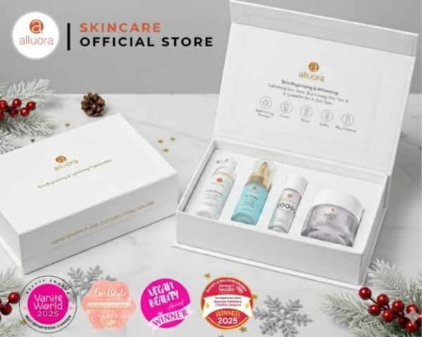 Alluora skincare gift set with cleansers, serums, and moisturizer in elegant box.