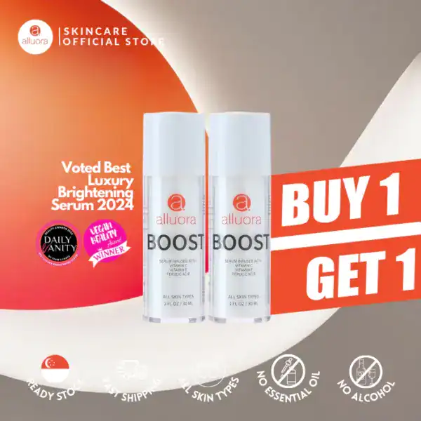 Alluora skincare brightening serum with vitamin C, ferulic acid, boosts skin glow.