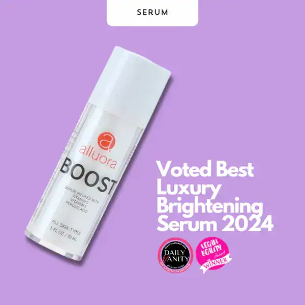 Alluora luxury brightening serum with vitamin C, ferulic acid, and turmeric for radiant skin.