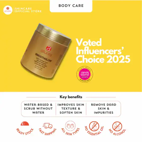 Alluora body scrub for glowing skin, voted Influencers’ Choice 2025. Water-based, gentle, and effective skincare product.