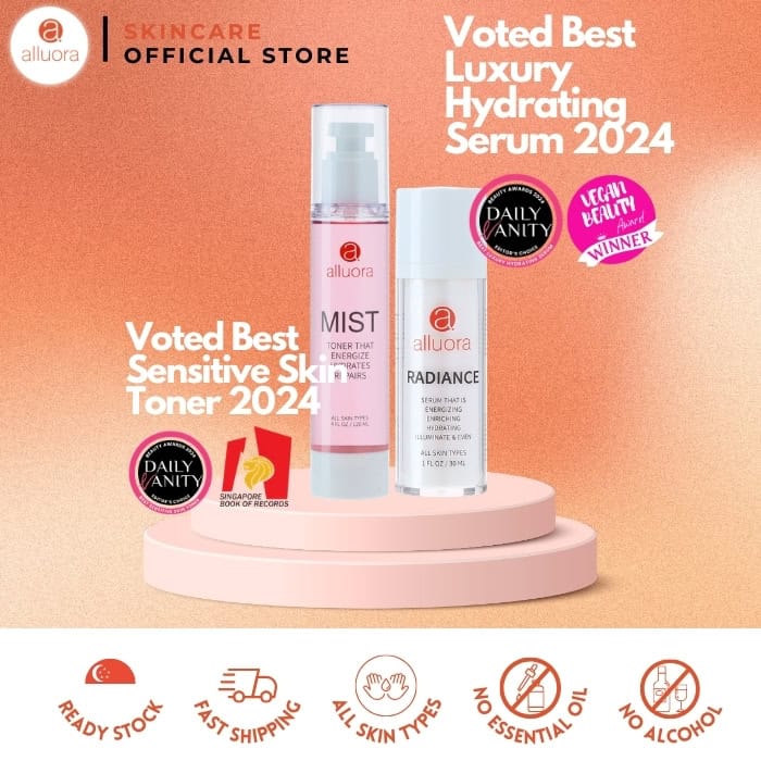 Alluora hydrating serum and toner for sensitive skin, awarded for luxury and effectiveness in 2024.