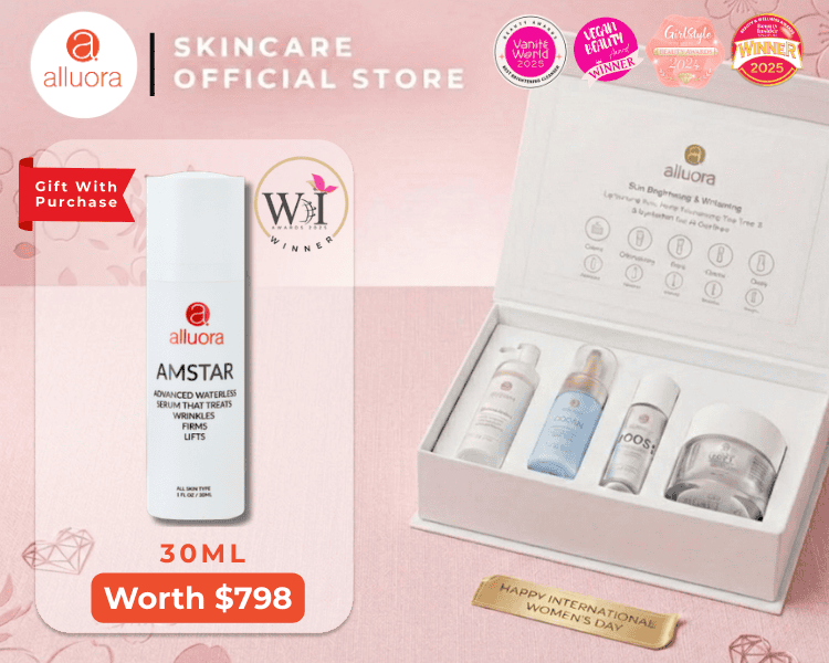 Alluora skincare gift set with serums and creams for radiant skin.